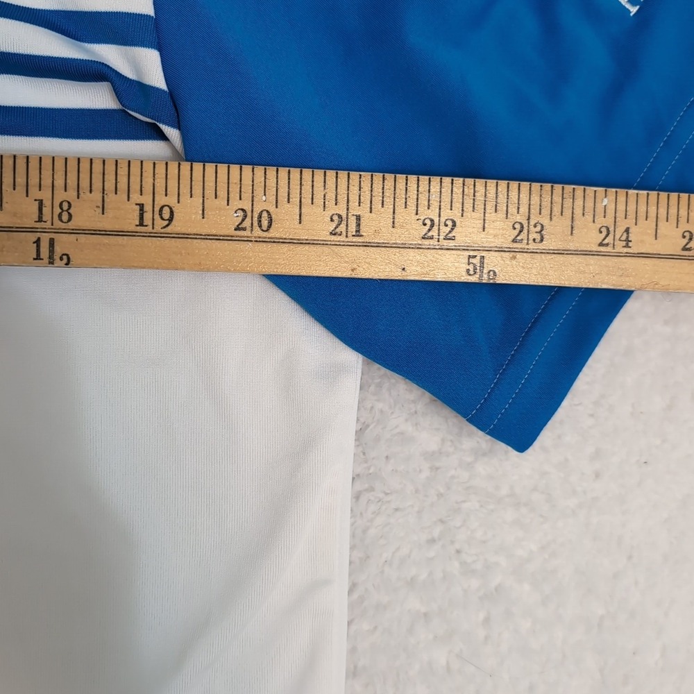 Adidas Polo Mens M White Blue Colorblock Stripe S/S 5% Spandex The First Tee - Picture 6 of 8